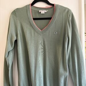Vineyard Vines Women V-Neck Sweater Green Cotton Size Medium EUC